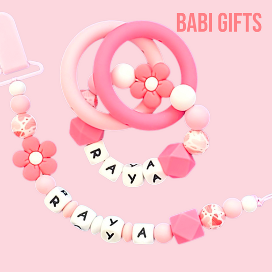 Dusky Pink Dummy Clip & Teether – Blush Floral Baby Gift