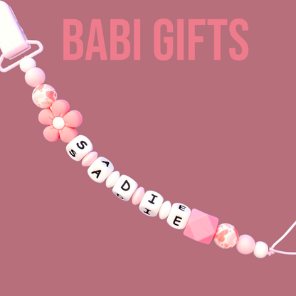 Flower Pink Personalised Dummy Clip & Teether Set