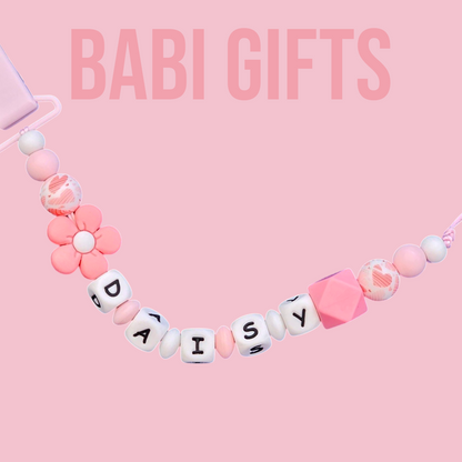 Pink Flower Dummy Clip & Teether – Heart Print Gift