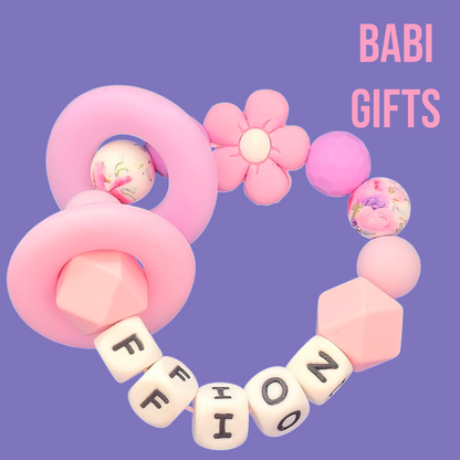🌸 Floral Pink Flower Dummy Clip & Teether Set – Personalised Baby Girl Gift