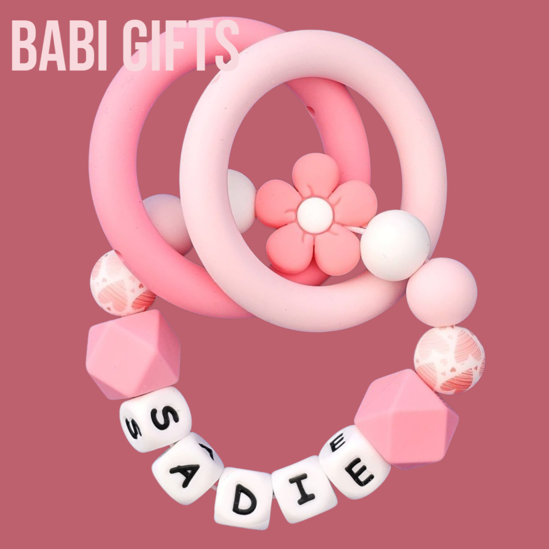 Flower Pink Personalised Dummy Clip & Teether Set