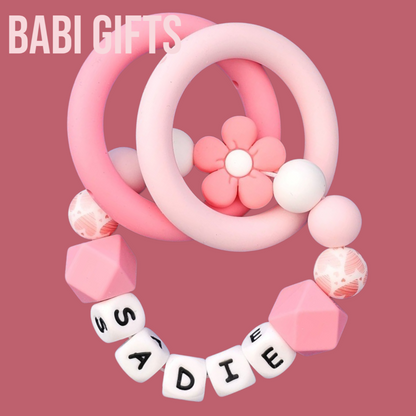 Flower Pink Personalised Dummy Clip & Teether Set