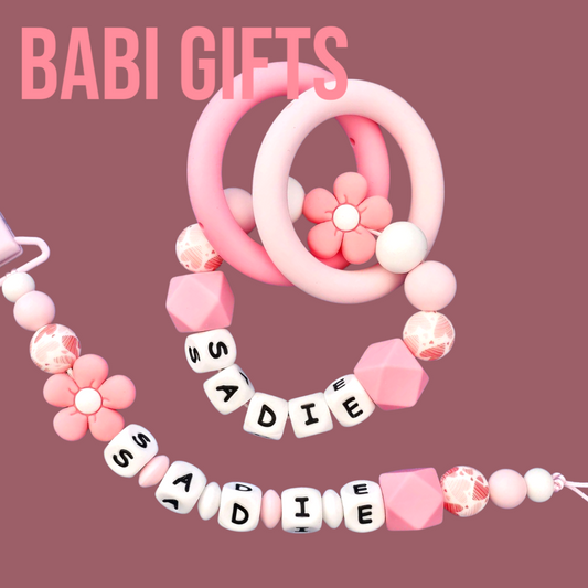 🌸 Flower Pink Personalised Dummy Clip & Teether Set – Max 8 Letters