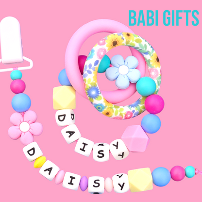 Floral Daisy Dummy Clip & Teether – With Butterfly Option