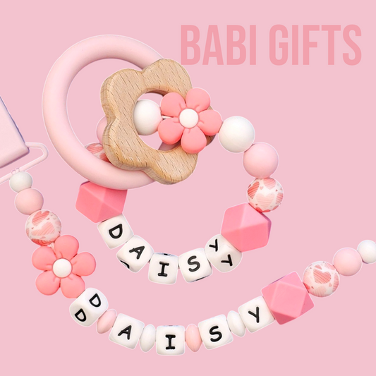 Pink Flower Dummy Clip & Teether – Heart Print Gift