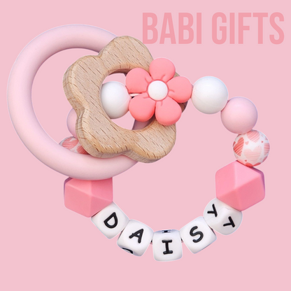 Pink Flower Dummy Clip & Teether – Heart Print Gift