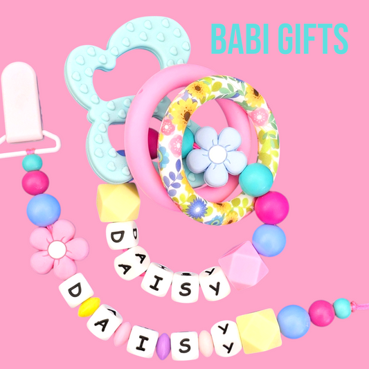 Floral Daisy Dummy Clip & Teether – With Butterfly Option