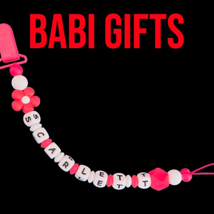 Red & White Flower Dummy Clip & Teether – Bold Baby Gift