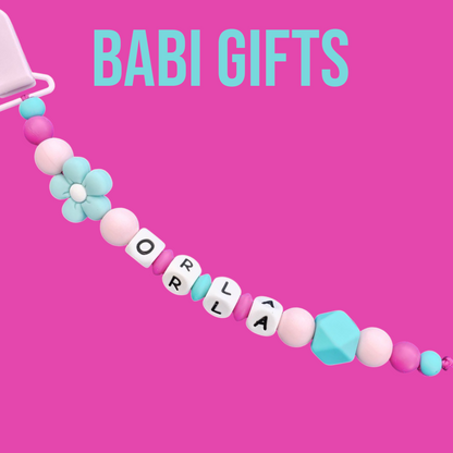 Flower Power Dummy Clip – Turquoise Personalised Set