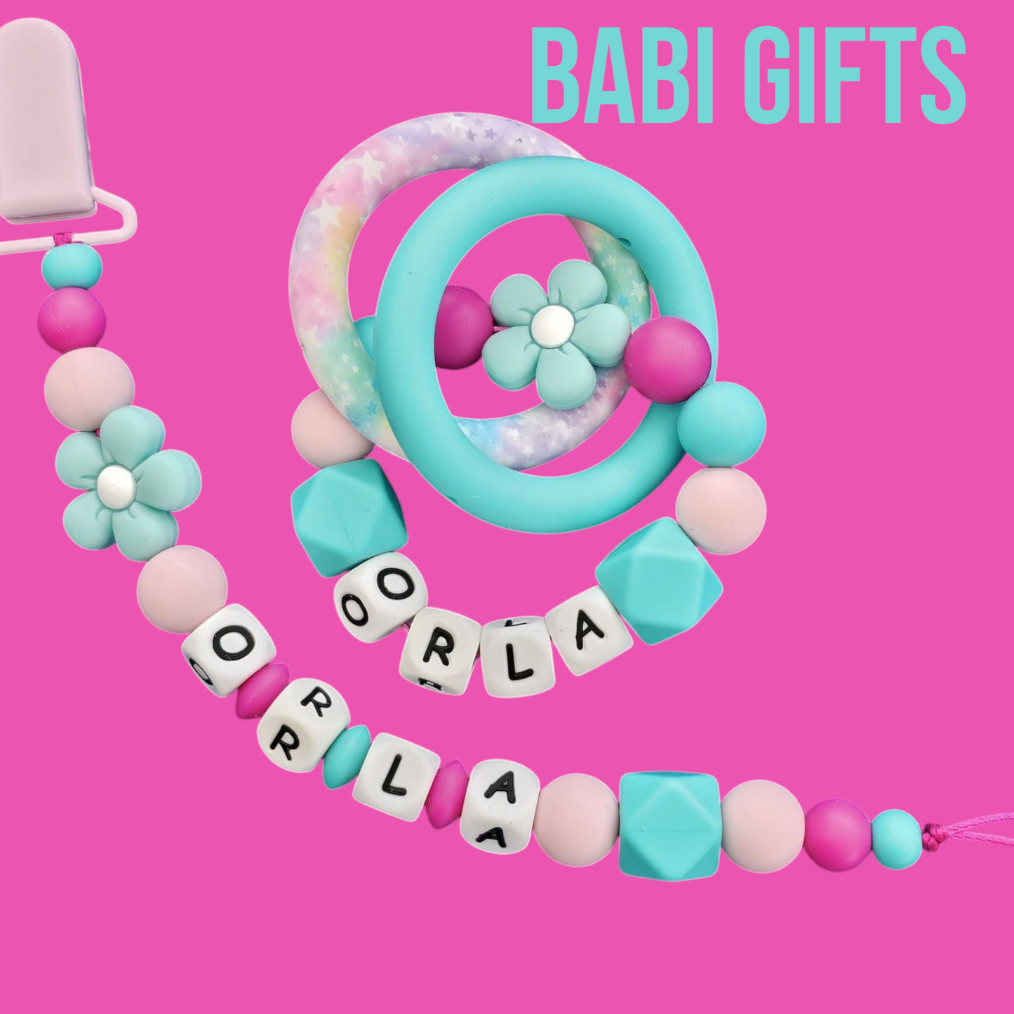 Flower Power Dummy Clip – Turquoise Personalised Set
