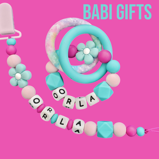 Flower Power Dummy Clip – Turquoise Personalised Set