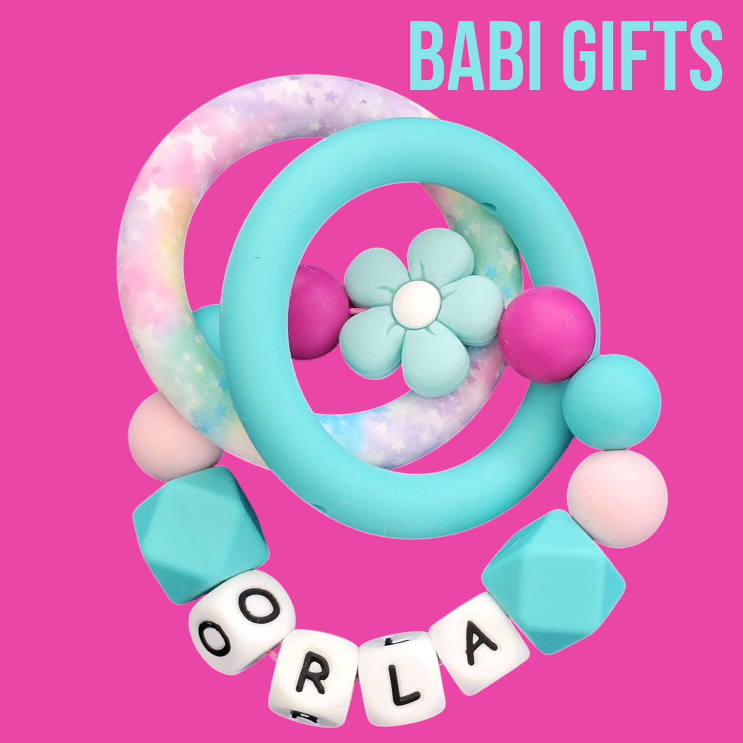 Flower Power Dummy Clip – Turquoise Personalised Set