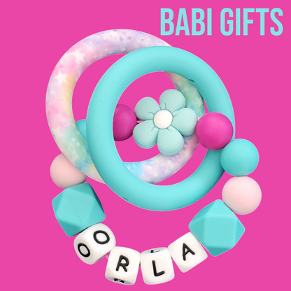 Flower Power Dummy Clip – Turquoise Personalised Set