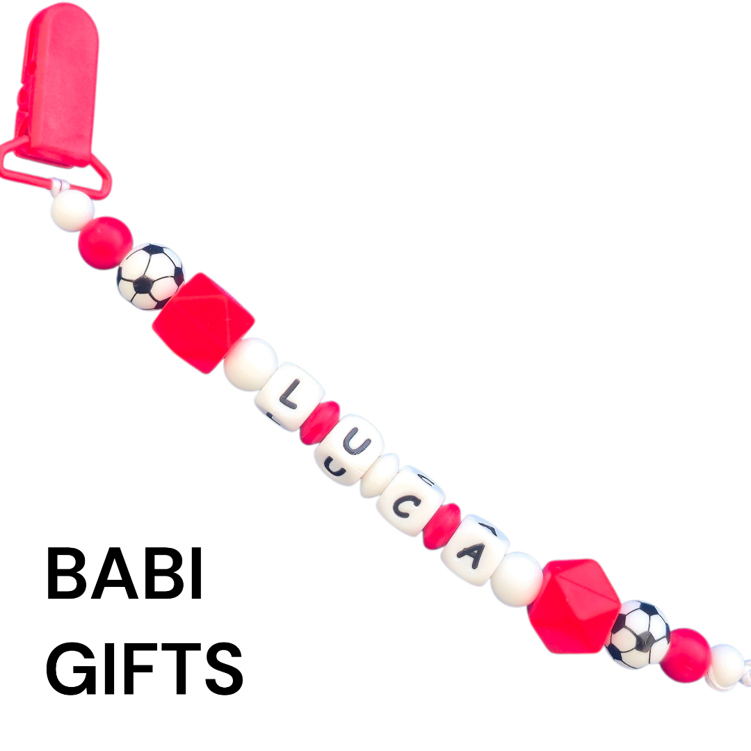 Football Dummy Clip and Teether Set – Red & White Personalised Baby Gift