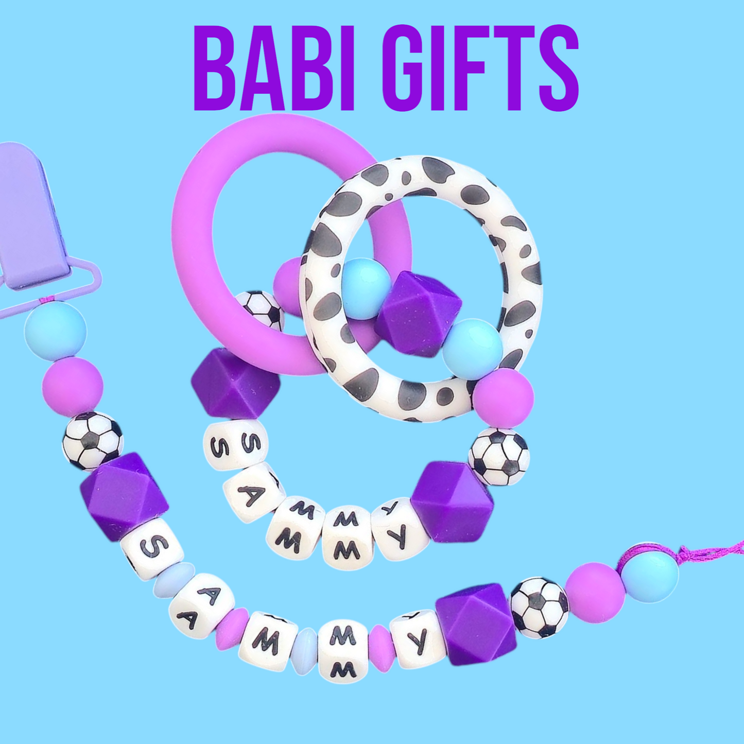 Football & Spots Personalised Dummy Clip & Teether Set | Babi Gifts UK