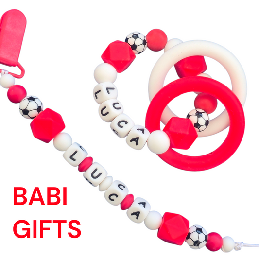 Football Dummy Clip and Teether Set – Red & White Personalised Baby Gift