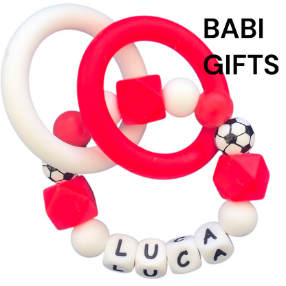 Football Dummy Clip and Teether Set – Red & White Personalised Baby Gift