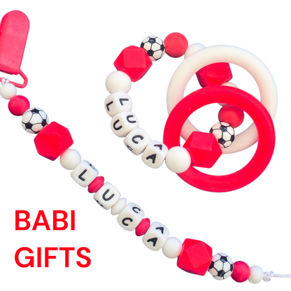 Football Dummy Clip and Teether Set – Red & White Personalised Baby Gift