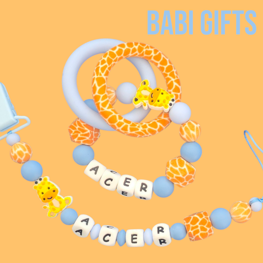 Giraffe Dummy Clip & Teether – Safari Yellow & Blue Gift