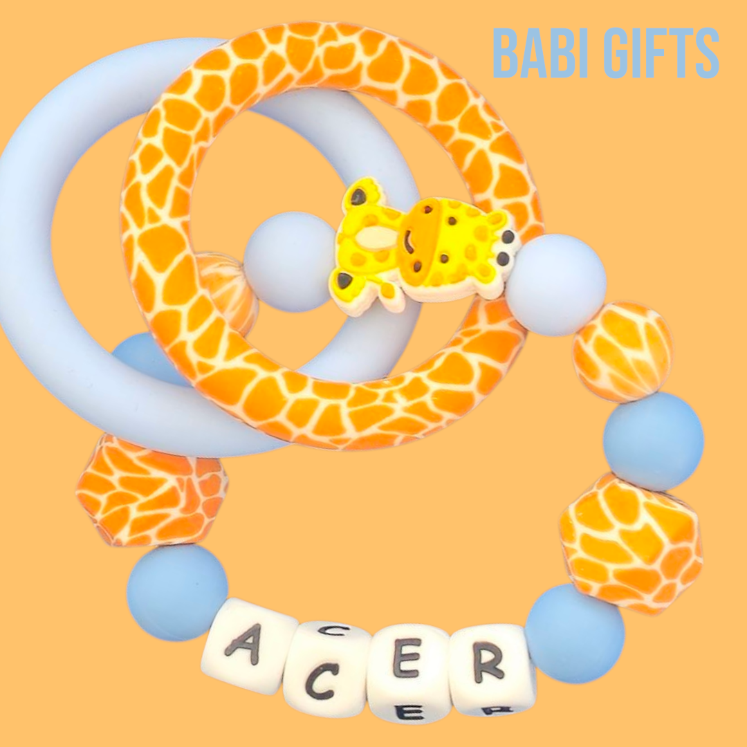 Giraffe Dummy Clip & Teether – Safari Yellow & Blue Gift