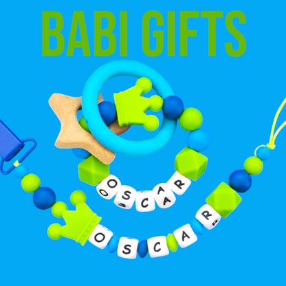 Lime Green Crown Dummy Clip – Personalised Teether Set