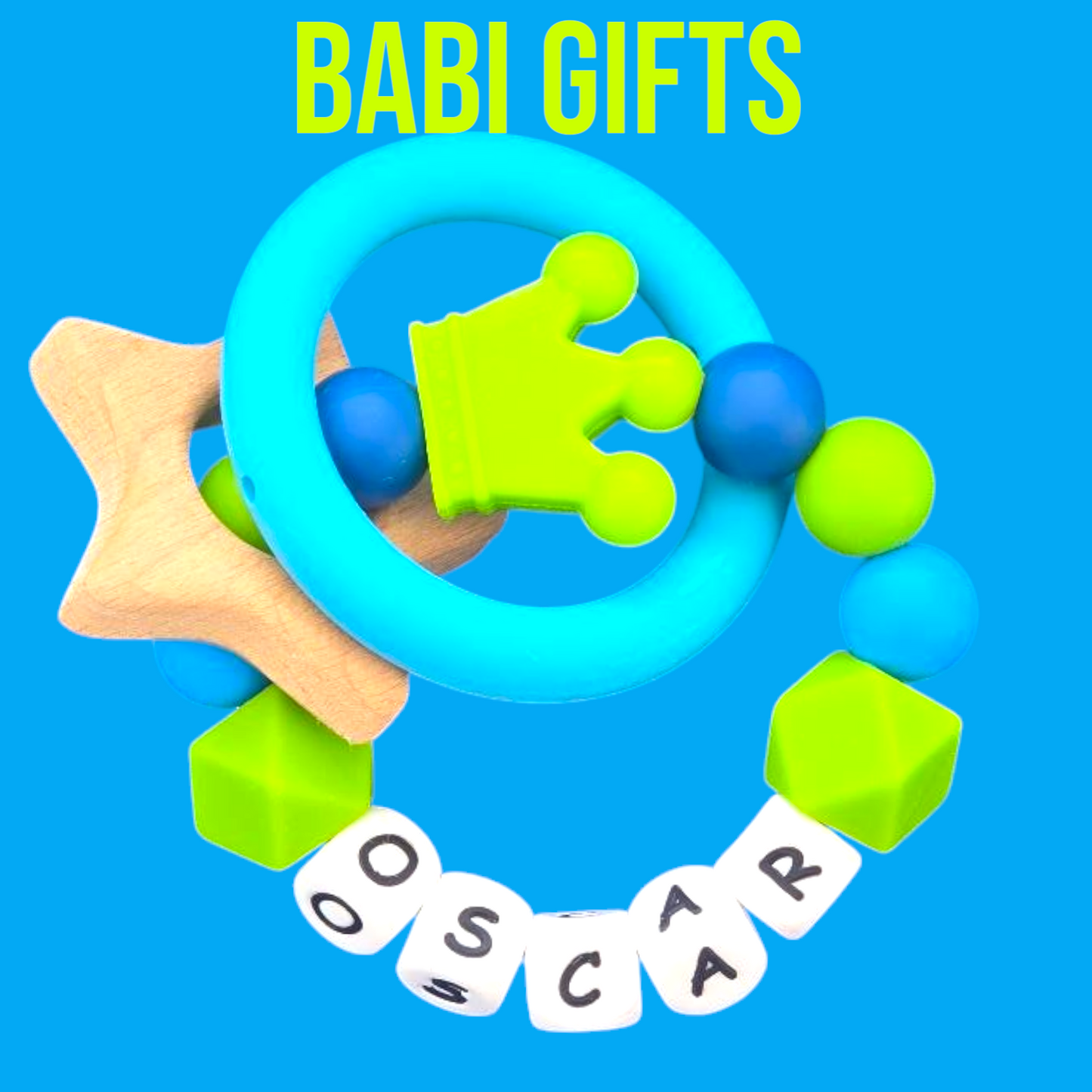 Lime Green Crown Dummy Clip – Personalised Teether Set