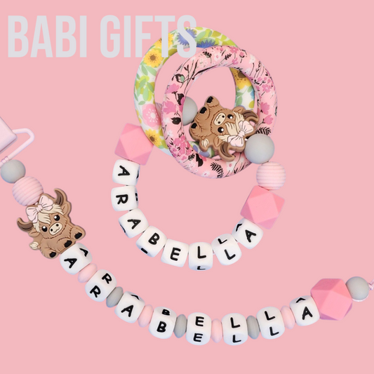 Highland Cow Girl Dummy Clip – Pink Baby Gift Set