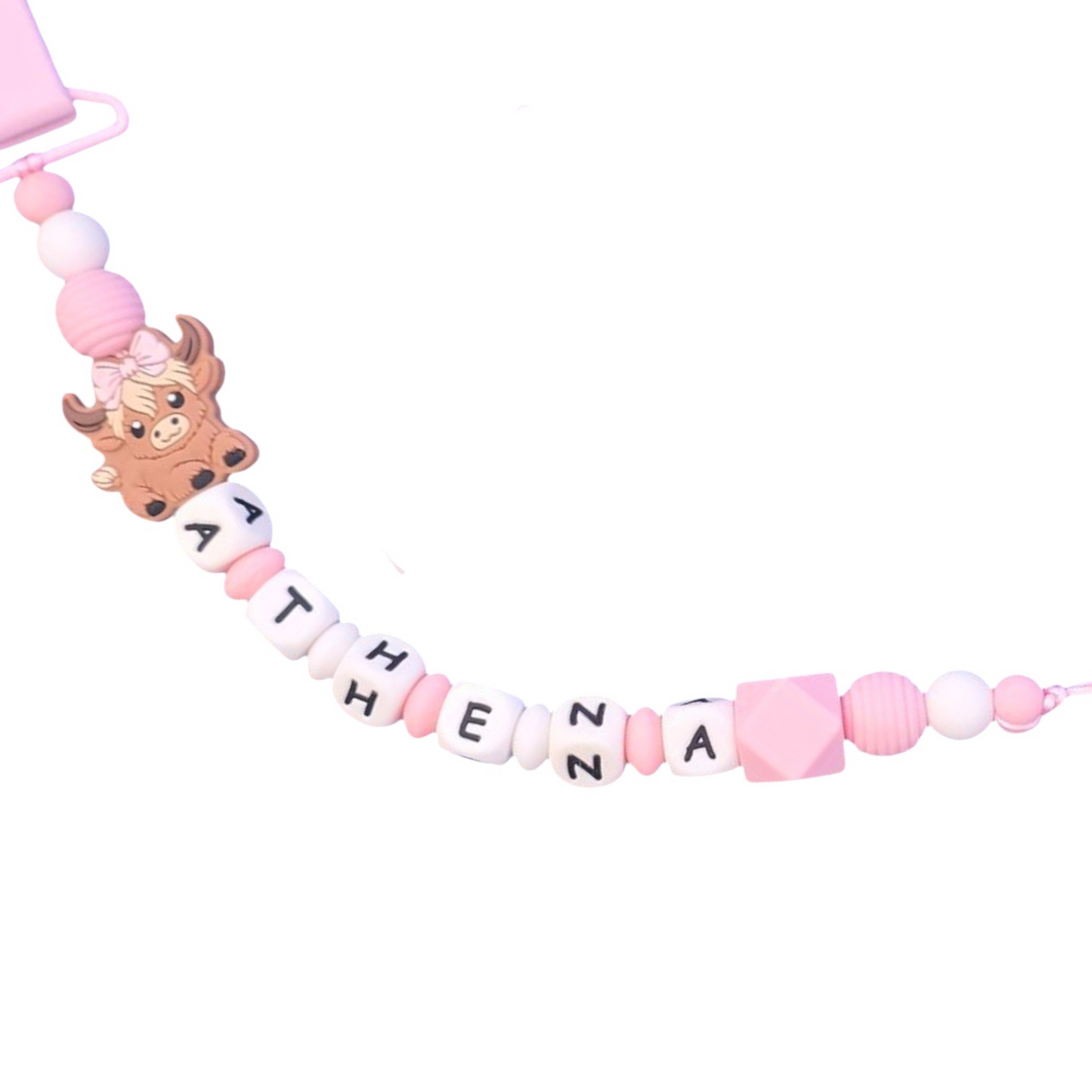 Highland Cow Dummy Clip & Teether – Pink & White Gift