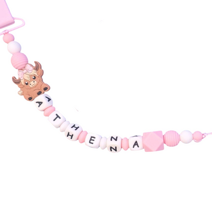 Highland Cow Dummy Clip & Teether – Pink & White Gift