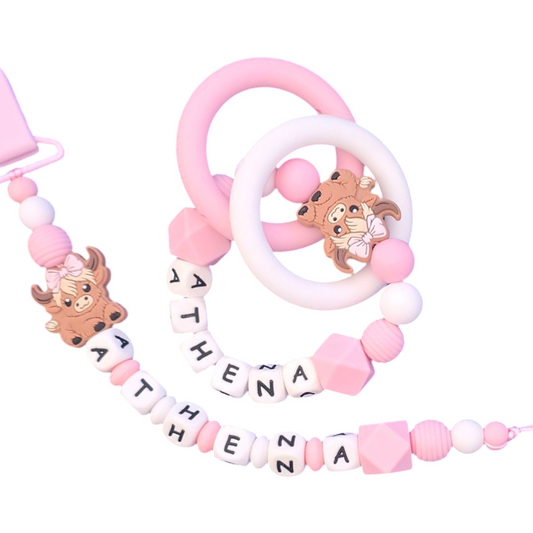 Highland Cow Dummy Clip & Teether – Pink & White Gift