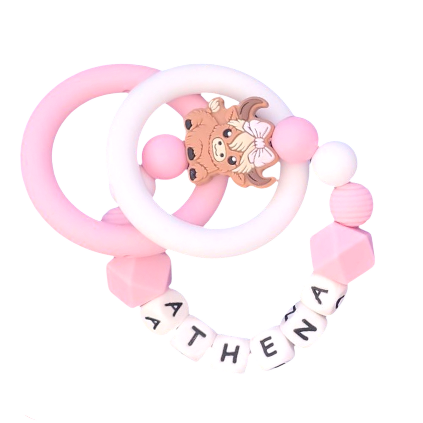 Highland Cow Dummy Clip & Teether – Pink & White Gift