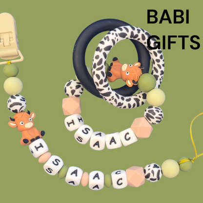 Highland Cow Dummy Clip and Teether Set – Black & Sage Personalised Gift