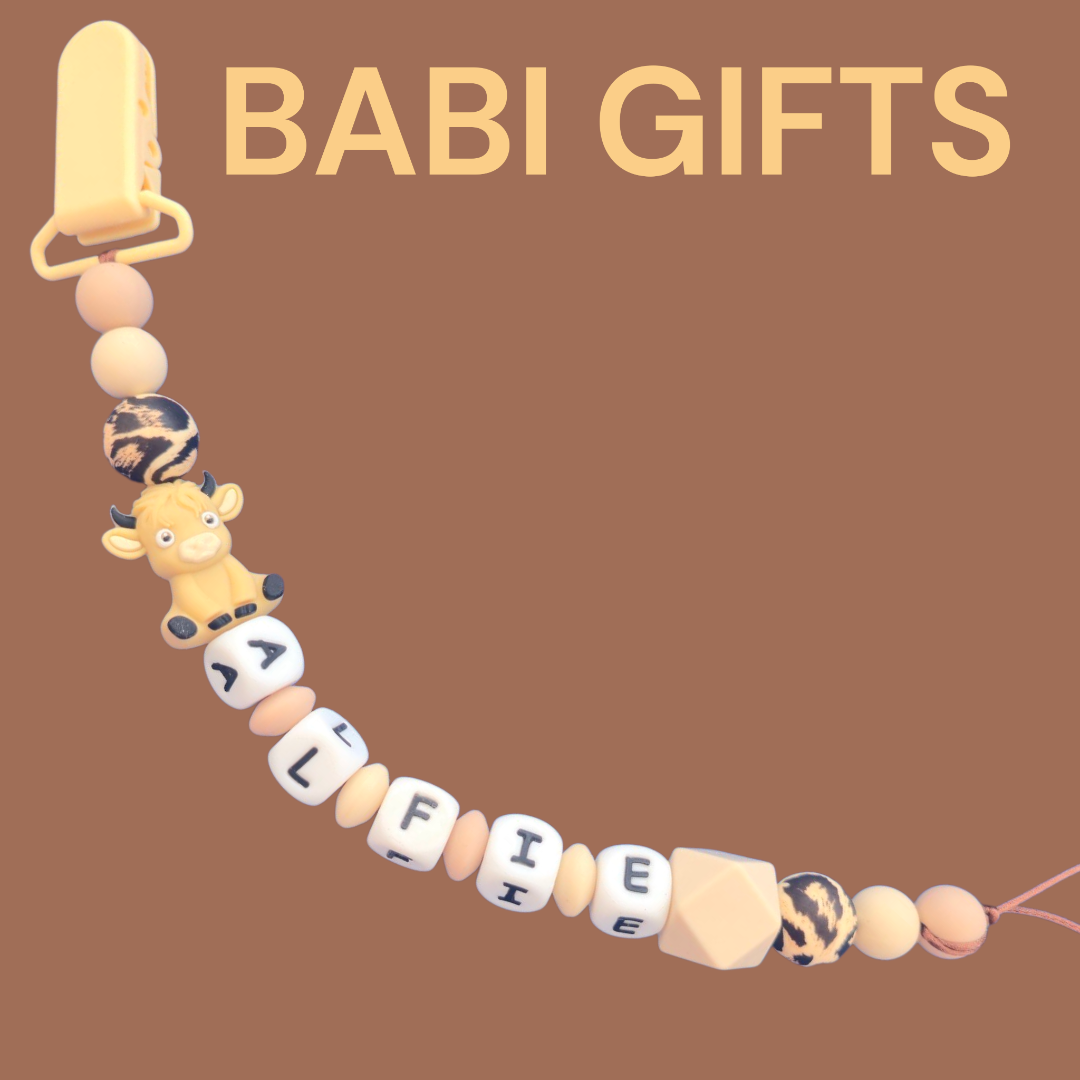 Light Highland Cow Dummy Clip and Teether Set – Personalised Baby Gift