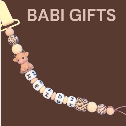 Highland Cow Dummy Clip and Teether Set – Leopard Print Personalised Gift