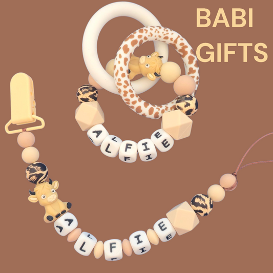 Light Highland Cow Dummy Clip and Teether Set – Personalised Baby Gift