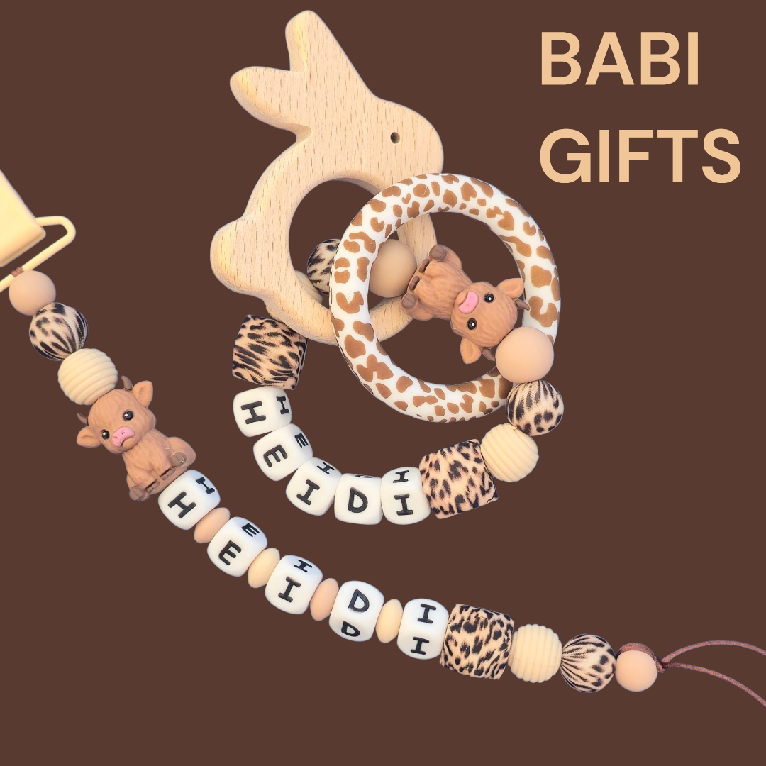 Highland Cow Dummy Clip and Teether Set – Leopard Print Personalised Gift