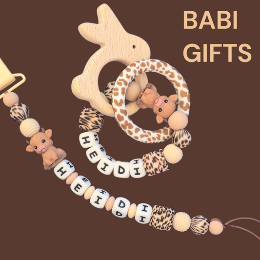 Highland Cow Dummy Clip and Teether Set – Leopard Print Personalised Gift