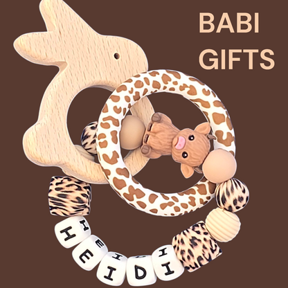Highland Cow Dummy Clip and Teether Set – Leopard Print Personalised Gift