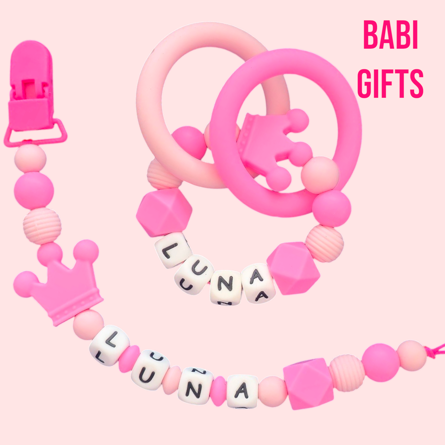 👑 Hot Pink Crown Dummy Clip & Teether Set – Personalised Baby Girl Gift