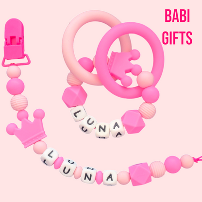 👑 Hot Pink Crown Dummy Clip & Teether Set – Personalised Baby Girl Gift