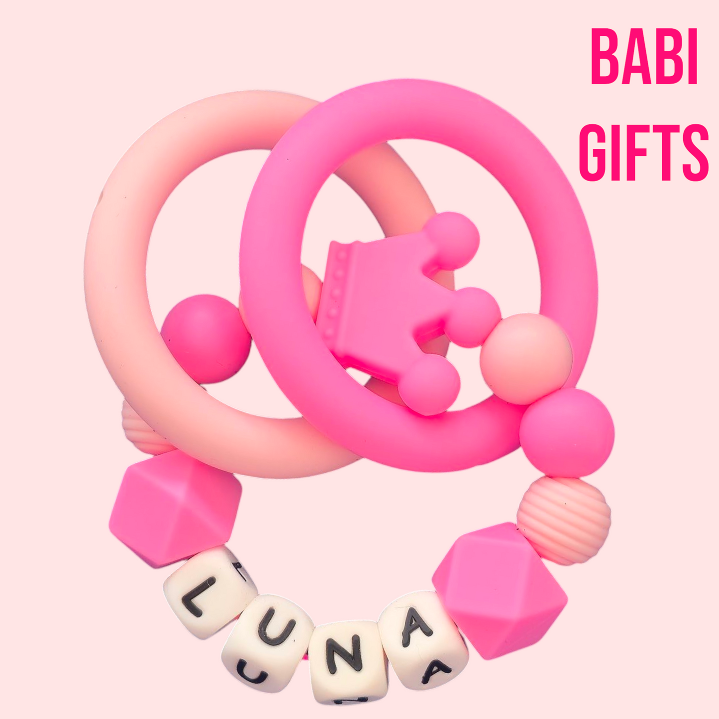 👑 Hot Pink Crown Dummy Clip & Teether Set – Personalised Baby Girl Gift