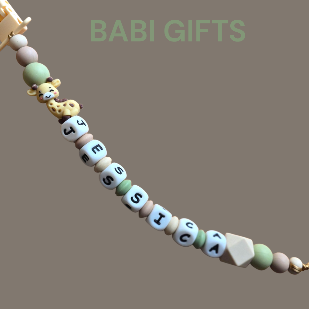 Giraffe Dummy Clip and Teether Set – Natural Sage Personalised Baby Gift
