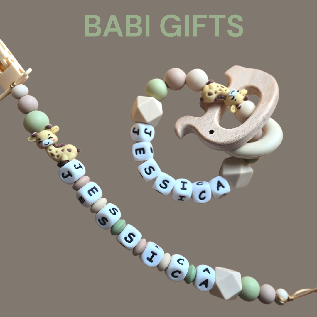 Giraffe Dummy Clip and Teether Set – Natural Sage Personalised Baby Gift