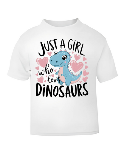 🦖 Just a Girl Who Loves Dinosaurs – Toddler & Kids Tee (1–6 Years) – Pink or White