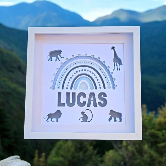 Personalised Nursery Rainbow Frame – Blue, Pink or Green Jungle Theme