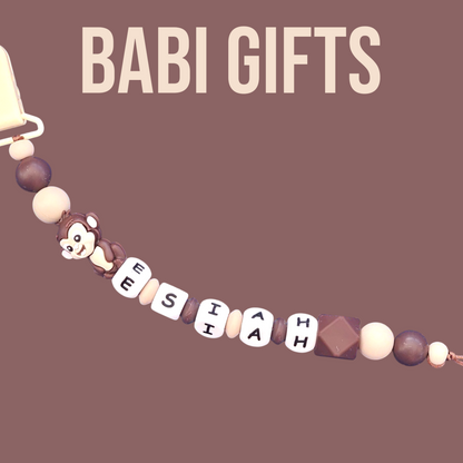 Monkey Dummy Clip & Teether – Neutral Jungle Baby Gift