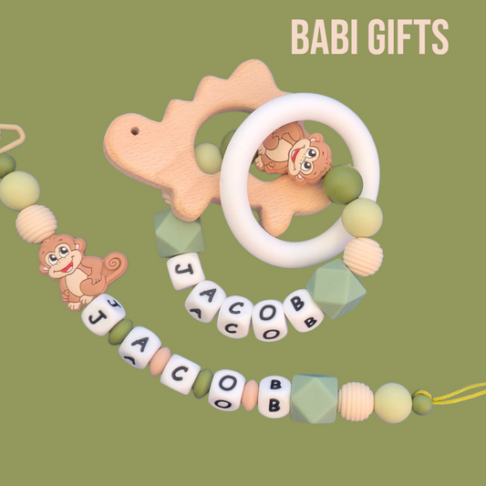 Monkey Dummy Clip & Dinosaur Teether – Jungle Baby Gift