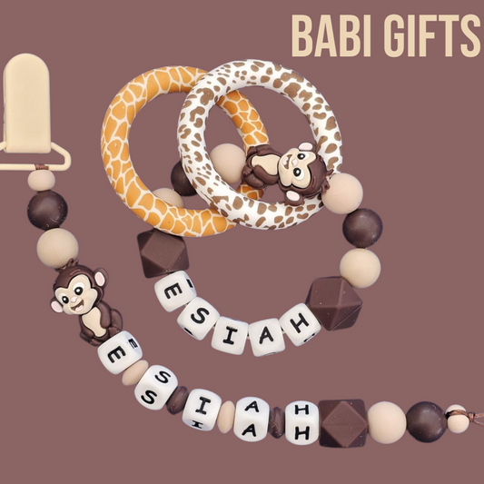Monkey Dummy Clip & Teether – Neutral Jungle Baby Gift
