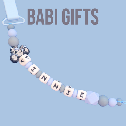 Motorbike Dummy Clip & Bear Teether – Blue Baby Gift