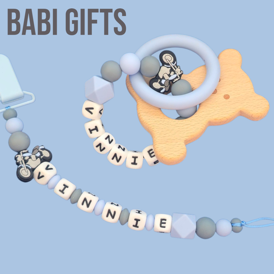 Motorbike Dummy Clip & Bear Teether – Blue Baby Gift